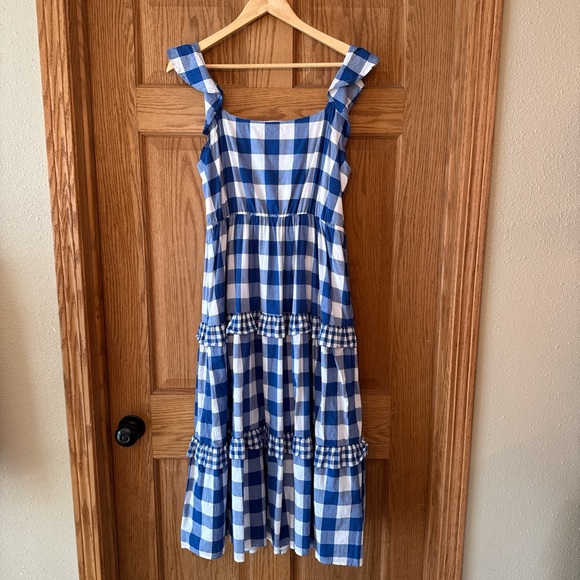 J. CREW Flutter-Sleeve Ruffle-Tiered Midi Dress Gingham Combo Blue White - Picture 4 of 9